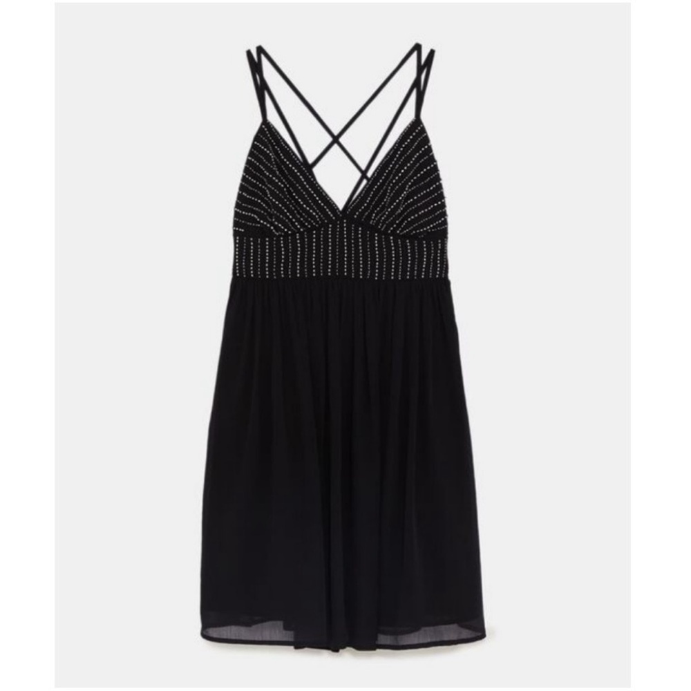 Zara Black Beaded Mini Dress Flowy Crepe Skirt V-Neck Size Small - Picture 10 of 10